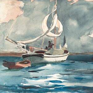 May include: A watercolor painting of a sailboat with white sails and a dark hull, sailing on a calm blue sea under a cloudy sky. The boat is carrying several people and a small dinghy is tied to the side.