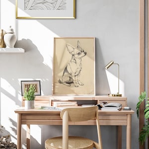a picture of a dog on a wall above a desk