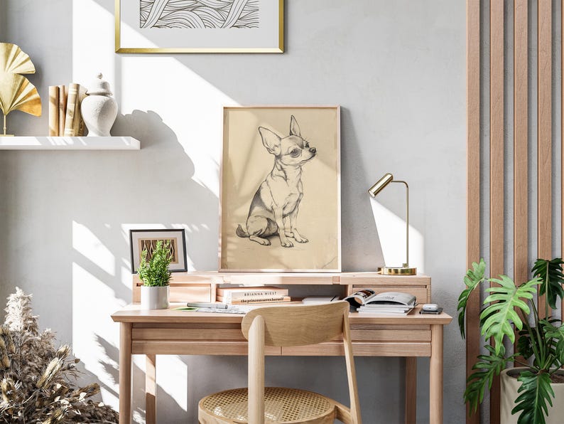 a picture of a dog on a wall above a desk