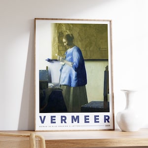 Mujer de azul leyendo una carta de Johannes Vermeer / Impresión de exposición / Decoración moderna / Arte mural victoriano retro famoso / Pintura estética