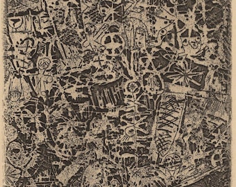 May include: Black and white abstract print with a dense, textured pattern. The print features a variety of shapes and lines, including circles, squares, and triangles. The print is signed "Klee" in the lower right corner and "1914/15" in the upper right corner.