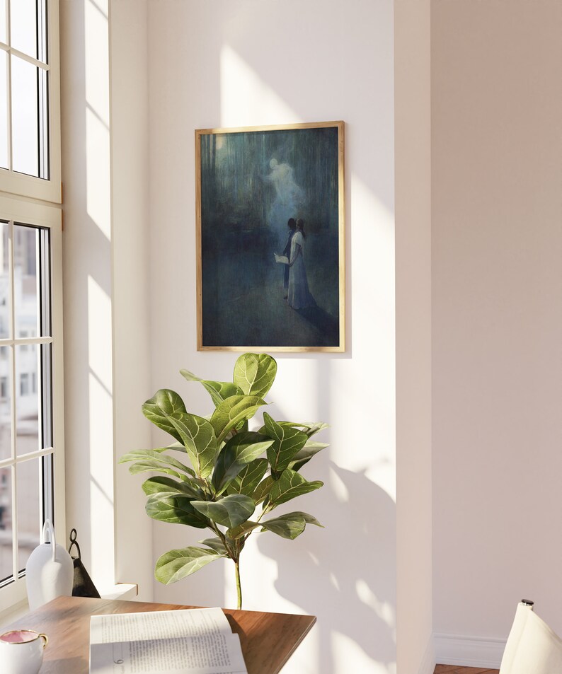 a painting hanging on a wall next to a potted plant