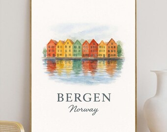Bergen Vintage Travel Poster, Norway Wall Art, Scandinavian Print, Bergen City Decor, Nordic Gift