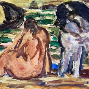 May include: A watercolour painting depicting three figures in a landscape setting. The figures are nude and appear to be in a relaxed pose. The background is a mix of green, blue, and brown hues, suggesting a natural outdoor scene.