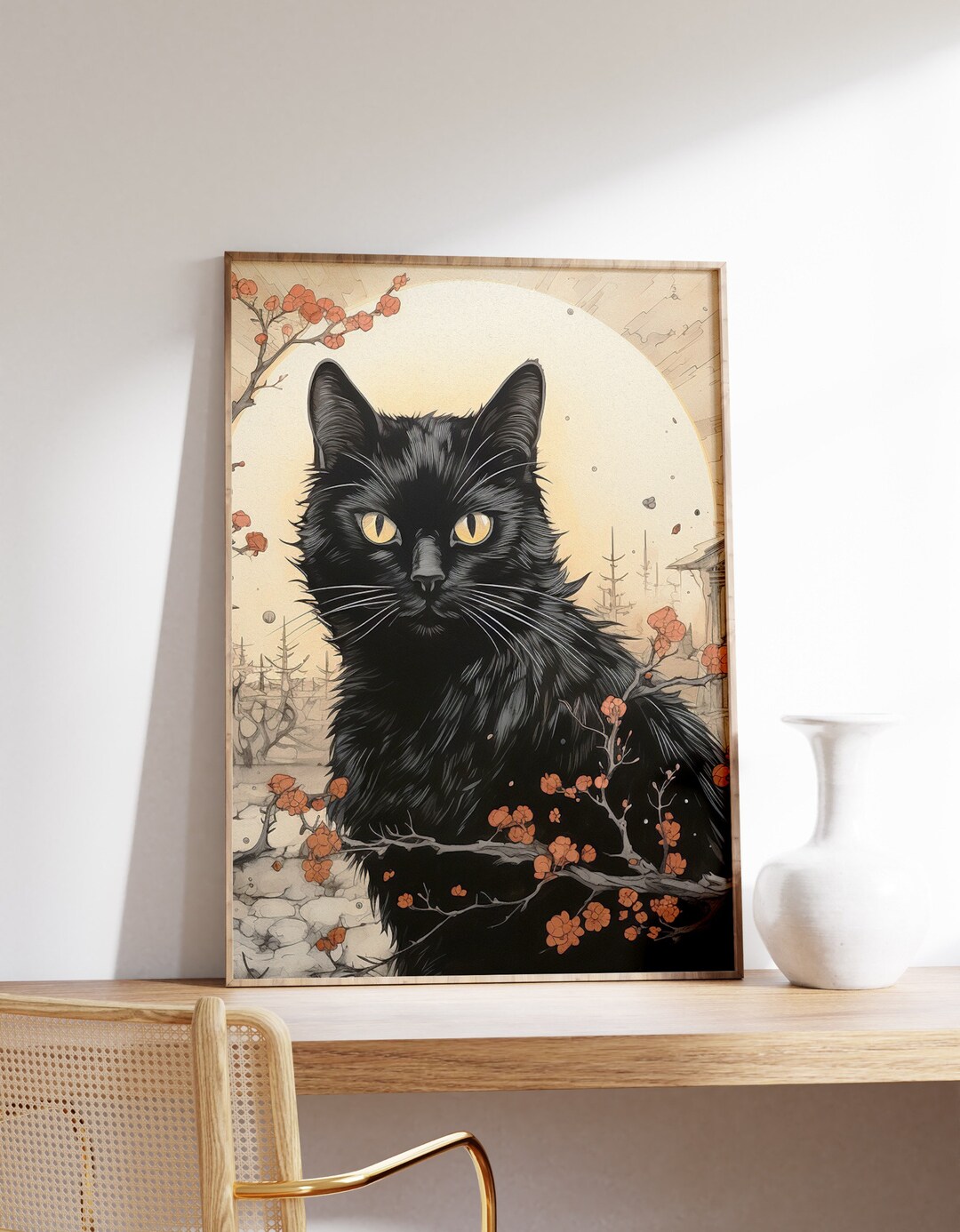 Japanese Black Cat Poster | Animal Poster | Black Cat Art Print ...