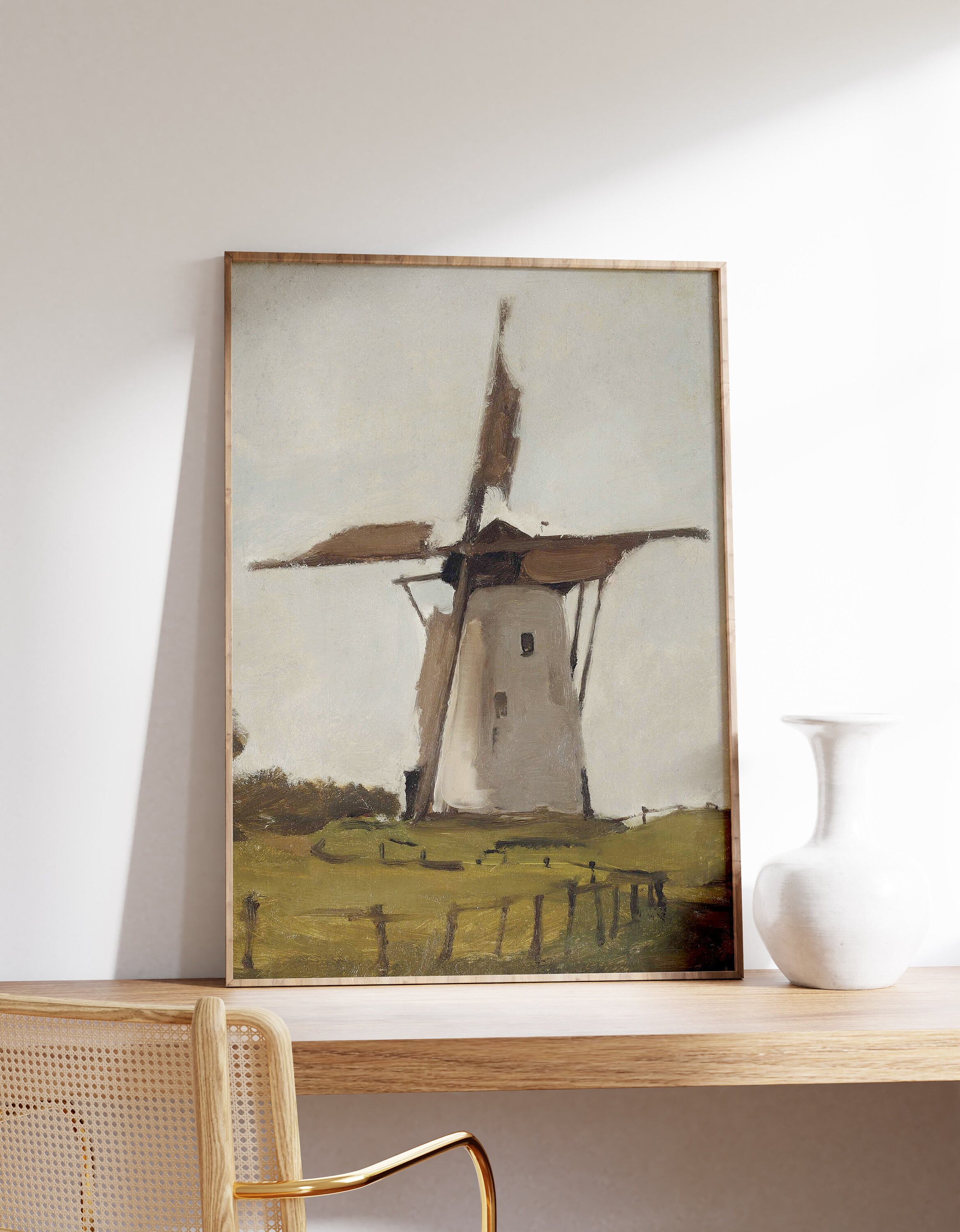 ARTZIO Bauernhaus Ölgemälde Gerahmt – Windmühle Im Reisfeld, Vintage Landschaftsbild 20x25 Cm, Fertig Zum Aufhängen