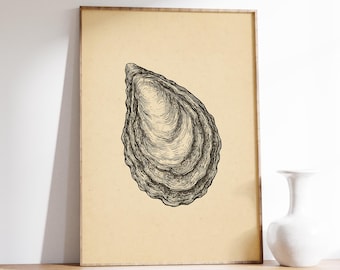 Vintage Oyster Print, Antique Shell Print, Coastal Wall Art, Vintage Painting