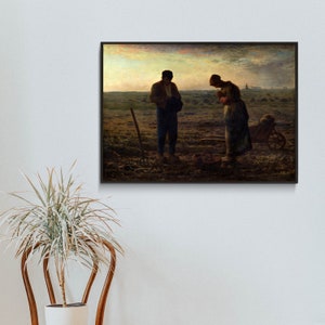 May include: A painting depicting two figures in a field at dusk. The figures are a man and a woman, both dressed in dark clothing. The man is holding a tool, and the woman is holding a child. The background is a field with a distant horizon.