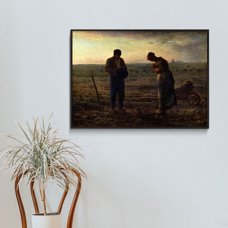 May include: A painting depicting two figures in a field at dusk. The figures are a man and a woman, both dressed in dark clothing. The man is holding a tool, and the woman is holding a child. The background is a field with a distant horizon.