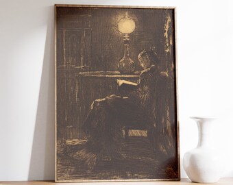 Félix-Hilaire Buhot - Lesende Frau bei Lampenlicht (1879) | Vintage Druck, Frau Portrait, Dark Academia Poster, Skizze, Zeichnung, Malerei, Dekor