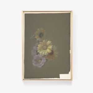 May include: A framed painting depicting a still life of yellow and pink flowers against a dark green background.