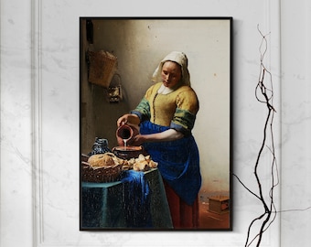 Johannes Vermeer - La lattaia (1658) - Riproduzione di un dipinto classico - Stampa poster fotografico Regalo artistico Cameriera che versa i seni di latte