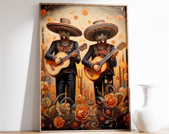 May include: Two figures wearing sombreros and traditional Mexican clothing play acoustic guitars in a colorful landscape with orange flowers and cacti. The figures are faceless and the background is a vibrant orange and yellow.