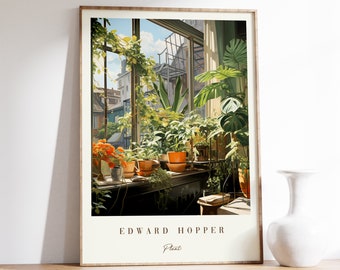 May include: A framed print of a painting by Edward Hopper titled "Plant". The painting depicts a room with a window overlooking a city street. The window is filled with potted plants, including a large monstera plant.