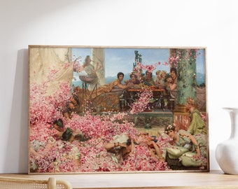 Pode incluir: Uma pintura que retrata um grupo de pessoas em um ambiente de jardim, cercadas por um mar de pétalos de rosa rosa. As pessoas estão vestidas com túnicas fluidas e parecem estar se divertindo. A pintura é ambientada em um fundo de vegetação exuberante e um céu azul claro.