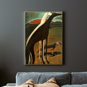 Puede incluir: Pintura abstracta de tres perros estilizados en negro, blanco y marr&oacute;n sobre un fondo verde, marr&oacute;n y naranja. Los perros est&aacute;n representados en un estilo simplificado y geom&eacute;trico, con patas largas y delgadas y cuerpos alargados.