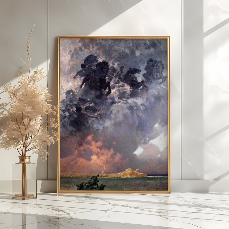 a painting on a wall next to a vase with a plant