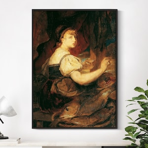 Fisch Wand Kunst | Antike Frau Leinwand | Ölgemälde Ölgemälde | Giclee Geschenkdruck | Vintage Frauenbild | Home Schlafzimmer Dekor Poster