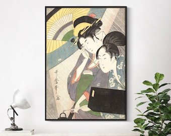 Kitagawa Utamaro - Geisha and Attendant on a Rainy Night (1797) | Poster Canvas Painting Print Art Gift | Ukiyo-e Decor | Japan Japanese