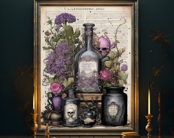 May include: A vintage style illustration of a collection of glass bottles with a skull and flowers. The bottles are filled with a dark liquid and have labels with text. The illustration is on a white background with a vintage style border.
