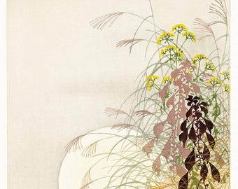Vintage Japanese | Floral Moon Art | Kamisaka Sekka | Autumn Flowers Print | Timeless Wall Decor |