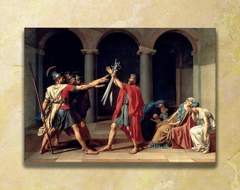May include: A painting depicting a dramatic scene with a man in red robes holding up swords, surrounded by other figures in a room with arched doorways. The scene is set in a historical context, possibly depicting a moment of sacrifice or a political event.