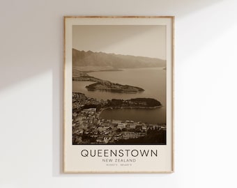 Queenstown Vintage Poster, New Zealand Wall Art, Lake Wakatipu Print, Queenstown Travel Decor