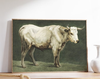 Cartel de toro, pintura de toro, arte de pared de toro, retrato de animal, pintura vintage, estampado de animales de granja, decoración de granja / decoración del hogar de regalo de lienzo
