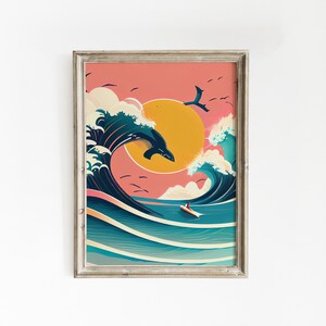 May include: A framed illustration of a large wave with a dolphin jumping out of the water. The wave is blue and green, and the background is a pink and orange sunset. A small boat is in the water below the wave.