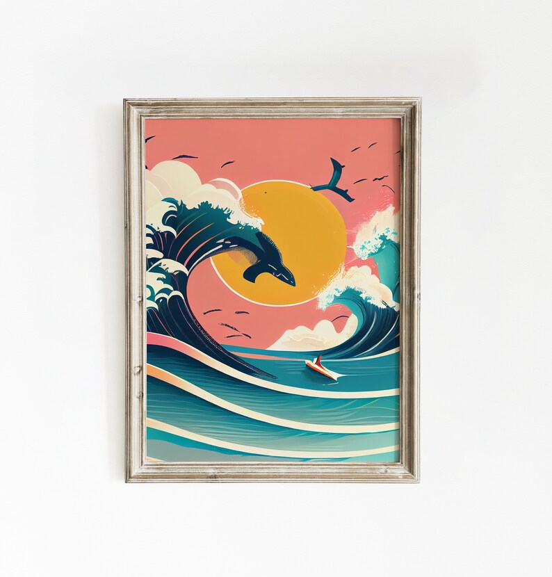 May include: A framed illustration of a large wave with a dolphin jumping out of the water. The wave is blue and green, and the background is a pink and orange sunset. A small boat is in the water below the wave.