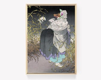 May include: A Japanese-style woodblock print depicting a dog wearing a hooded cloak and standing in a field of tall grass. The dog is facing away from the viewer and has a long, pointed snout. The cloak is white with a purple trim and a green hood. The grass is a light brown color and is depicted in a stylized manner.