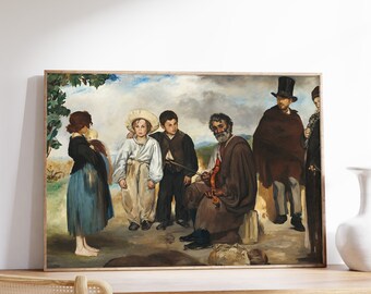 May include: A painting depicting a group of people, including a man playing a violin, a woman holding a baby, and a man wearing a top hat. The painting is set in a rural landscape with a cloudy sky.