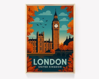 London Travel Poster, United Kingdom Wall Art, London Canvas Print, UK Vintage Decor, London City Gift