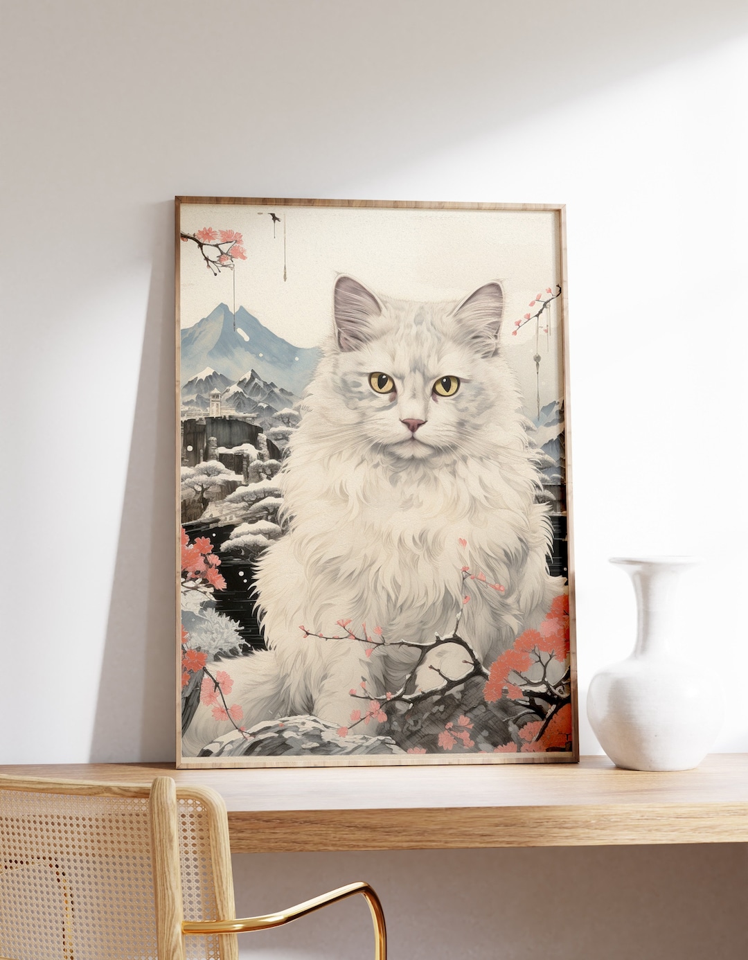 Japanese White Cat Poster | Animal Poster | White Cat Art Print ...