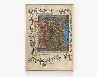 Illuminated Manuscript | Vintage Print | Historical Text | Latin Script | Artistic Design | Medieval Art