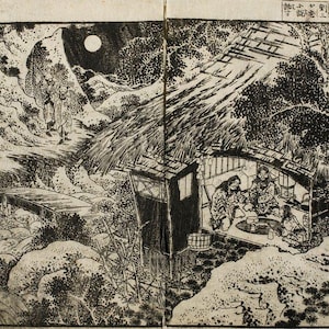 May include: A black and white woodblock print depicting a scene of three figures sitting in a hut under a thatched roof. The hut is surrounded by trees and mountains. The moon is visible in the sky.