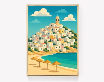 Mykonos Travel Poster, Greece Wall Art, Vintage Print, Greek Island Decor, Aegean Sea Gift