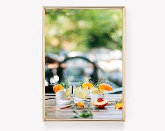 Persikacocktailtryck | Rosmarindrycktryck | Vintagemålning | Fruktdekor | Retrotryck | Väggkonst