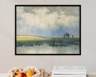 Meer schilderij | Meerlandschap | Vintage landschap | Vintage kunstafdruk | Muurkunst | Olieverfschilderij | Boerderijprint | Canvas cadeauposter