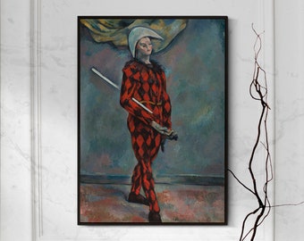 Paul Cézanne - Arlequin (1890) - Reproduction de peinture classique, affiche photo, impression d'art, cadeau - Cézanne Jester costume rouge noir vintage