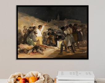Op de afbeelding: Een schilderij dat een scène van geweld en chaos afbeeldt. Een groep mensen wordt beschoten door soldaten in het donker. Het schilderij speelt zich af in een nachtelijke scène met een stad op de achtergrond. Het schilderij is in een donkere, gedempte kleurenpalet.