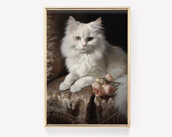Lámina de gato blanco antiguo / Póster victoriano de estilo academia oscura / Arte mural de Halloween / Lámina de bruja oscura / Pintura estética cottagecore