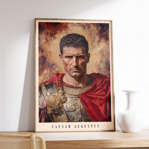 May include: A painting of Caesar Augustus, a Roman emperor, wearing a red cloak and armor. The painting is set against a background of red, orange, and yellow hues.