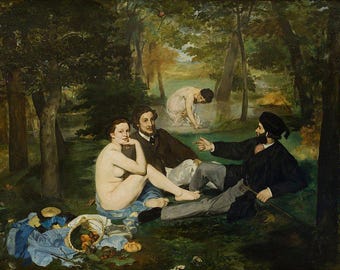 May include: A painting depicting four figures in a forest setting. Three figures are seated on the ground, while a fourth figure stands in a nearby stream. The figures are dressed in clothing from the 19th century. The painting is done in a realistic style with muted colors.