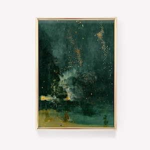 May include: A framed painting depicting a dark green night sky with a bright white light in the center, surrounded by small golden dots. The light appears to be reflecting on the water below.