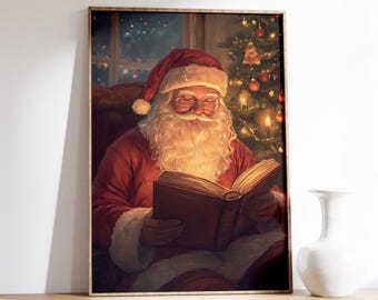Vintage Santa Claus Reading | Cozy Christmas Art | Holiday Decor Print | Classic Santa Painting | Festive Wall Art