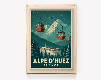 Vintage Alpe d’Huez France Travel Poster Print Canvas Wall Art Decor Ski Resort Chalet Mountain Landscape Retro French Alps Artwork Gift