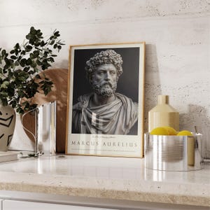May include: A framed print of a bust of Marcus Aurelius, a Roman emperor and philosopher, with the text "The Stoic Philosophy Collection" and "Marcus Aurelius" below the image.