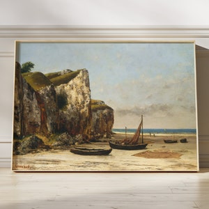 Pintura al óleo costera vintage / Gustave Courbet / Playa en Normandía (1872) / Arte de la pared de la playa, pintura al óleo del mar, pintura del océano, impresión costera