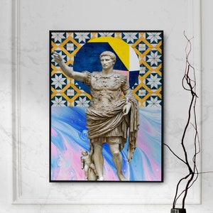 May include: A digital art print featuring a Roman statue in a blue, pink, and white abstract background. The statue is wearing a toga and holding a sword. The background is a geometric pattern of yellow, blue, and white tiles.